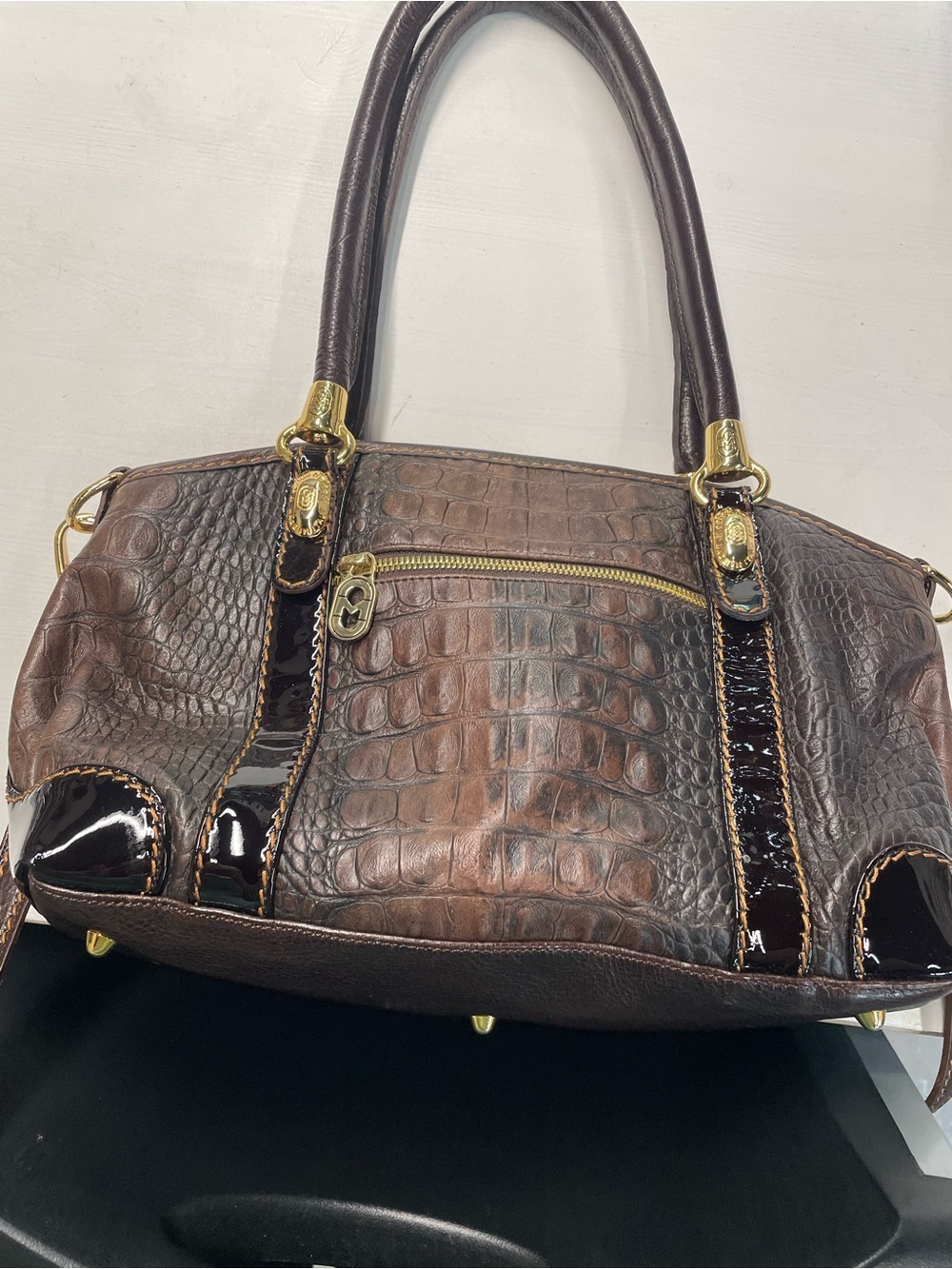 Marino Orlandi Brown Croc Embossed Leather Satchel Italy Patent Trim Bag